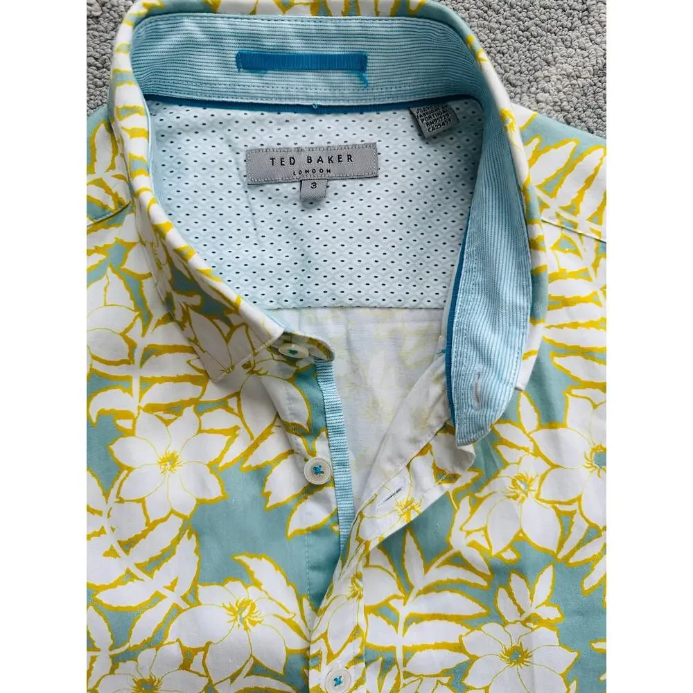Ted Baker Floral Tropical Button Up Shirt Mint Blue White Yellow Size 3 M